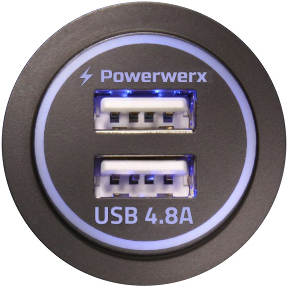 Picture of Powerwerx Backlit Blue Panel Mount Dual USB 4.8A Fast Device Charger for 12/24V Systems