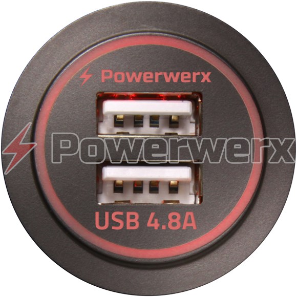 Picture of Powerwerx Backlit Red Panel Mount Dual USB 4.8A Fast Device Charger for 12/24V Systems