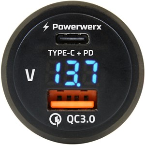 Picture of Powerwerx Panel Mount Combination USB QC 3.0 and USB Type-C Power Delivery (PD) with Blue LED Voltage Display